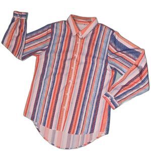 Button-front rounded hem long sleeve shirt size M coral, blue and cream stripes
